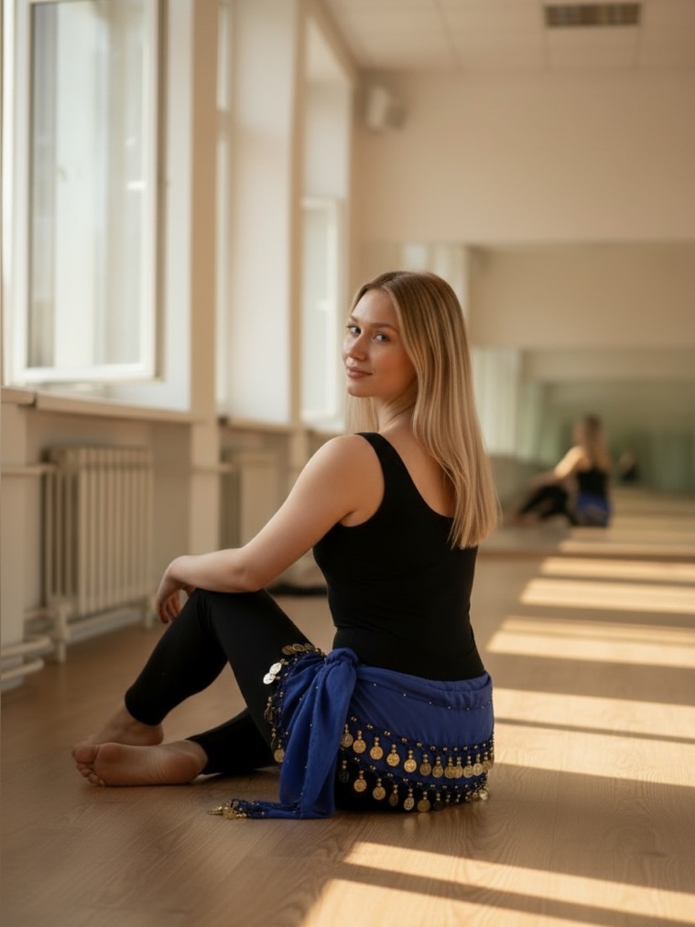Royal Blue Coin Fringe Belly Dance Hip Scarf - Gold Coins